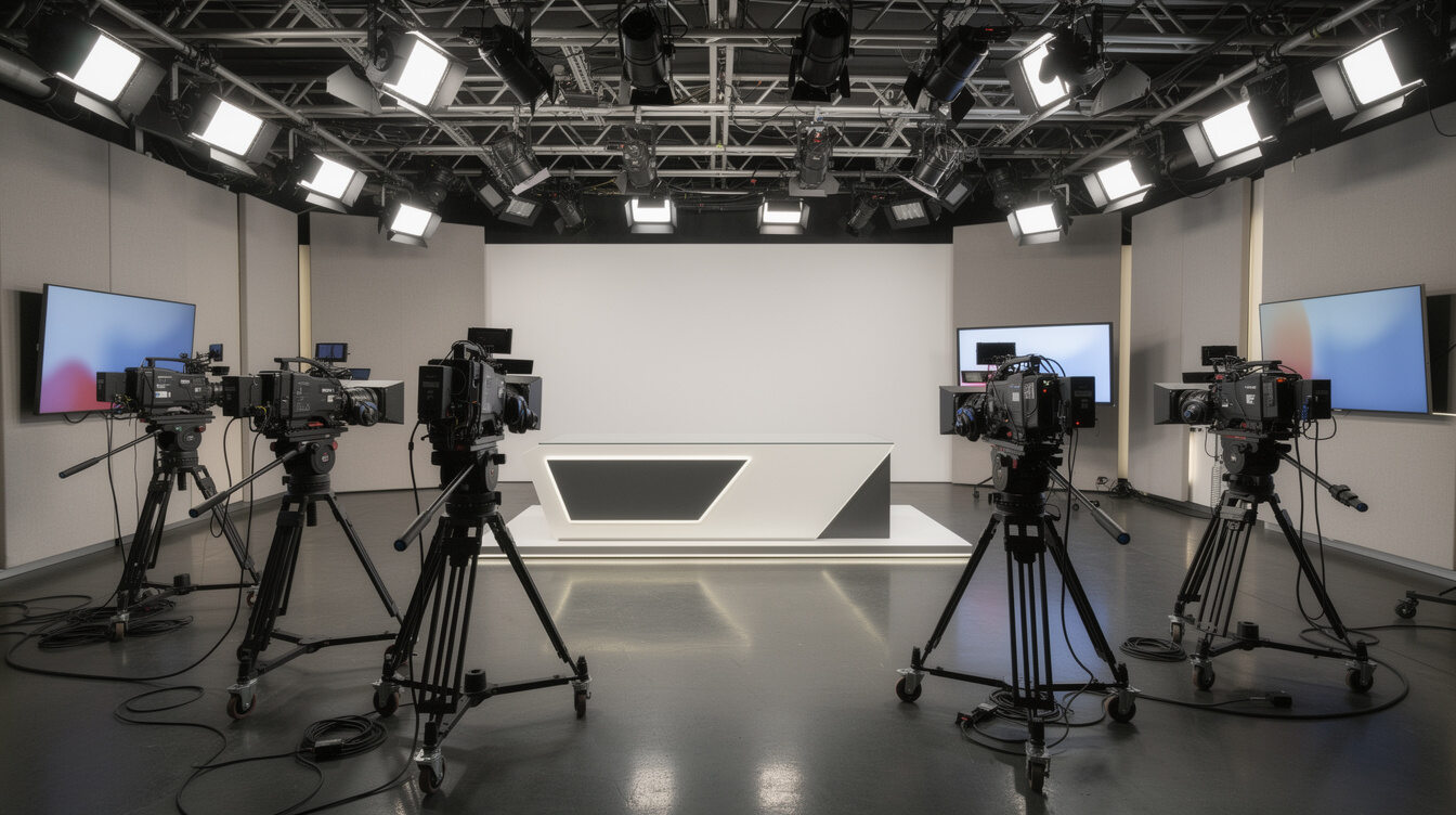 Interior of a modern television training studio with cameras and lighting rig
