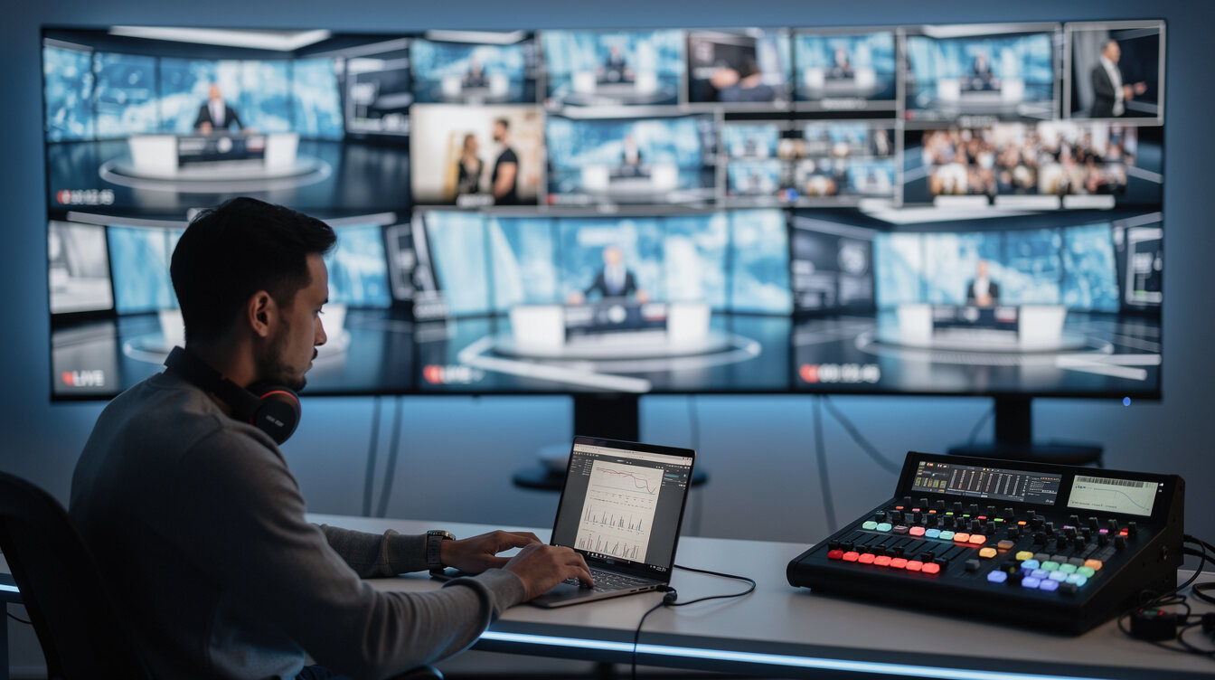 Live streaming operations room with monitor wall