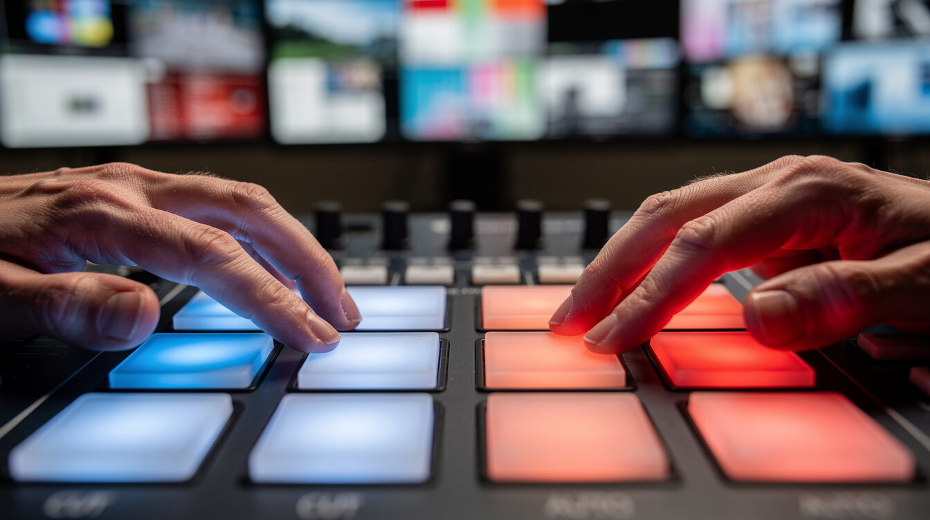 Close up of hands operating a vision mixer switcher panel