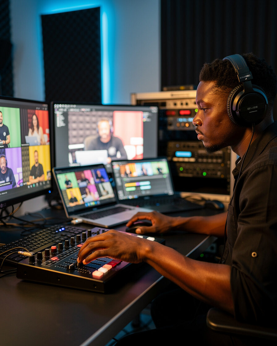 Graduate working in a live streaming control setup