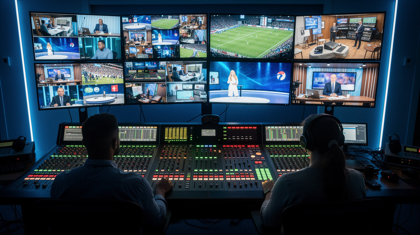 Wide view of a professional television control room with multiple monitors